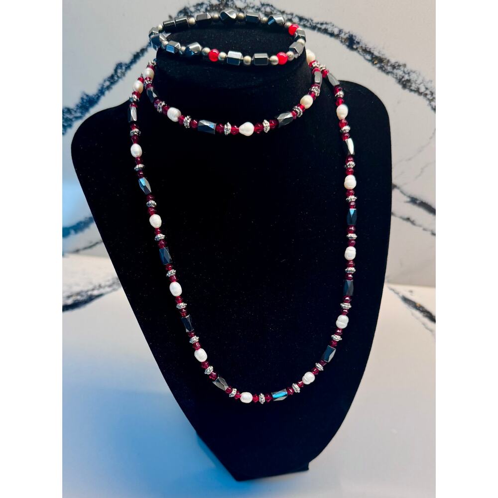 2pc Beaded Jewelry Set Hematite Faux Pearl Red Crystal Necklace Bracelet